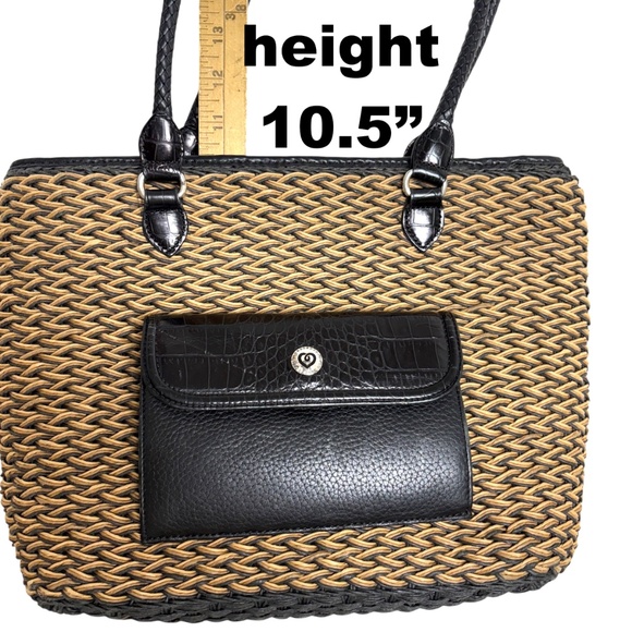 bag BRIGHTON black tan woven leather jute shoulder pockets preppy classic tote - Picture 9 of 16